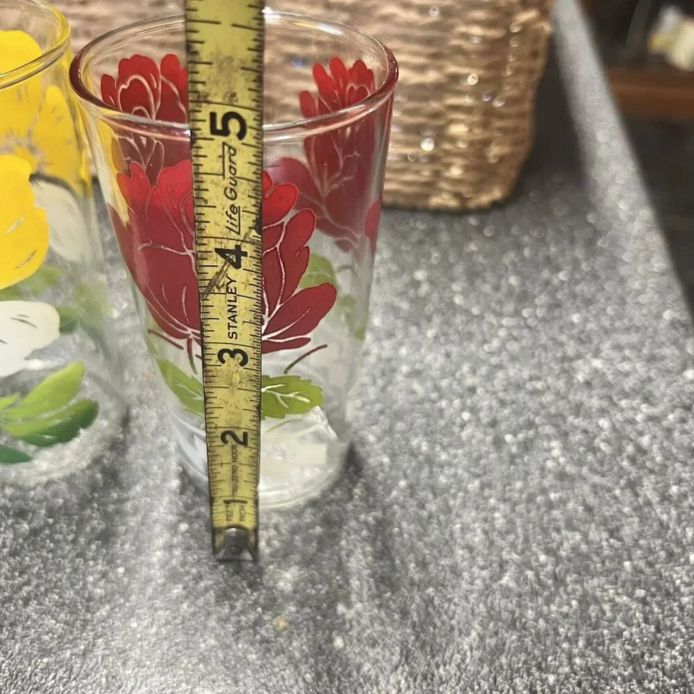 VTG Anchor Hocking/ Peanut Butter Glasses~Red Rose /Yellow Fiesta Flowers~Set 2